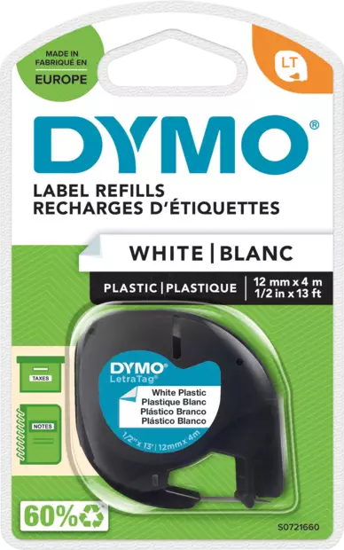 Dymo Letratag 12mmx4m, valkoinen - Dymo teippitarrat - S0721660 - 1