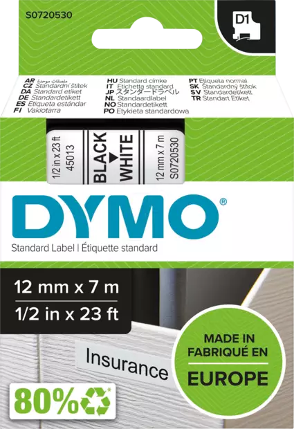 Dymo tarrateippi 12mm, musta/valkoinen - Dymo teippitarrat - S0720530 - 1