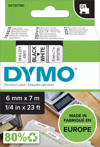 Dymo tarrateippi 6mm, musta/valkoinen - Dymo teippitarrat - S0720780 - 1
