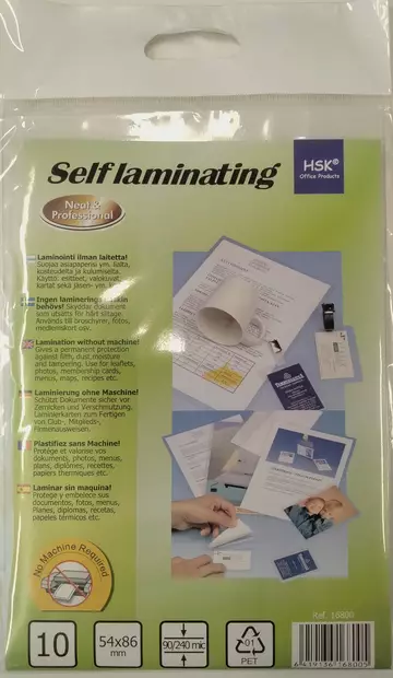 HSK Itselaminoiva tasku 54x86mm 90/240mic - Laminointitaskut - 16800 - 1