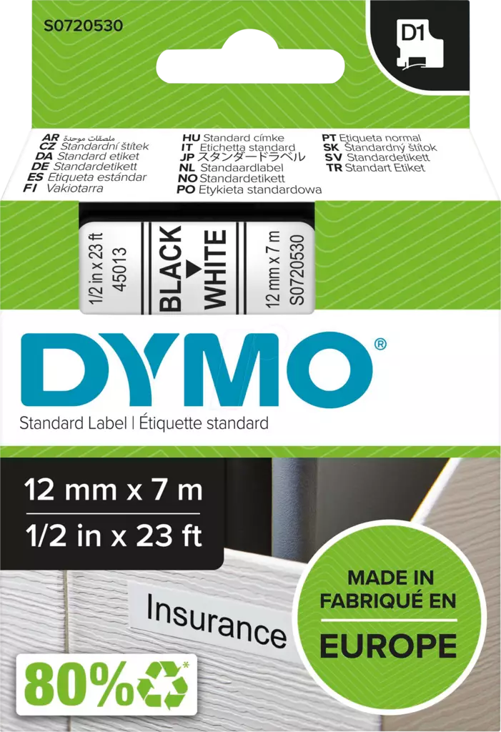 Dymo tarrateippi 12mm, musta/valkoinen - Dymo teippitarrat - S0720530 - 1