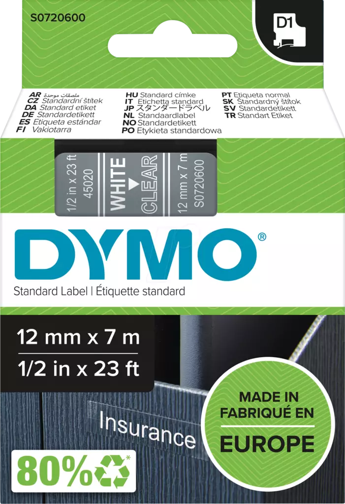 Dymo tarrateippi 12mm, valkoinen/kirkas - Dymo teippitarrat - S0720600 - 1