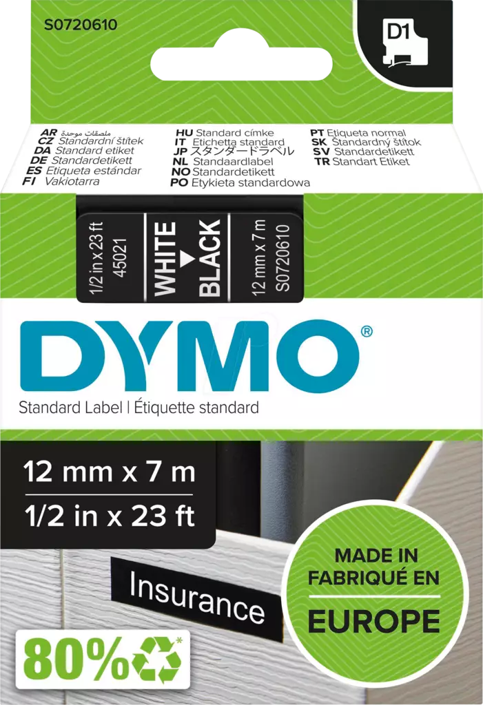 Dymo tarrateippi 12mm, valkoinen/musta - Dymo teippitarrat - S0720610 - 1