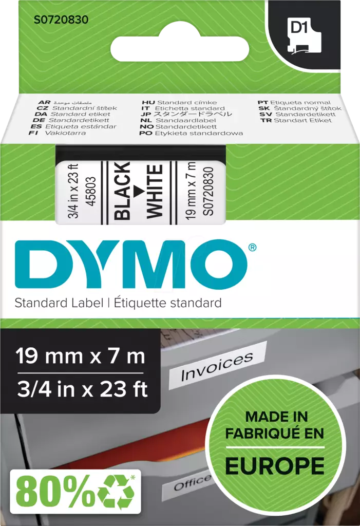 Dymo tarrateippi 19mm, musta/valkoinen - Dymo teippitarrat - S0720830 - 1