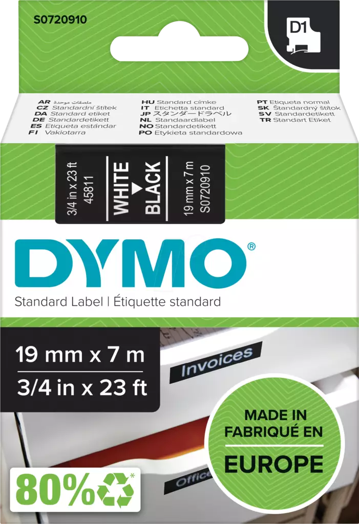 Dymo tarrateippi 19mm, valkoinen/musta - Dymo teippitarrat - S0720910 - 1