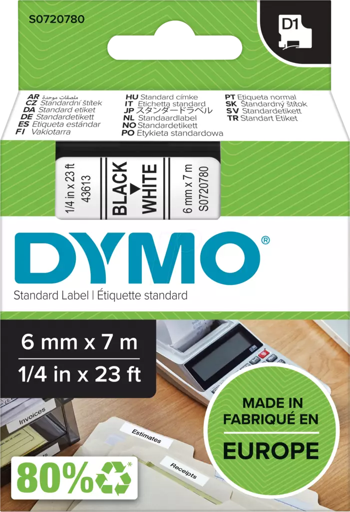 Dymo tarrateippi 6mm, musta/valkoinen - Dymo teippitarrat - S0720780 - 1