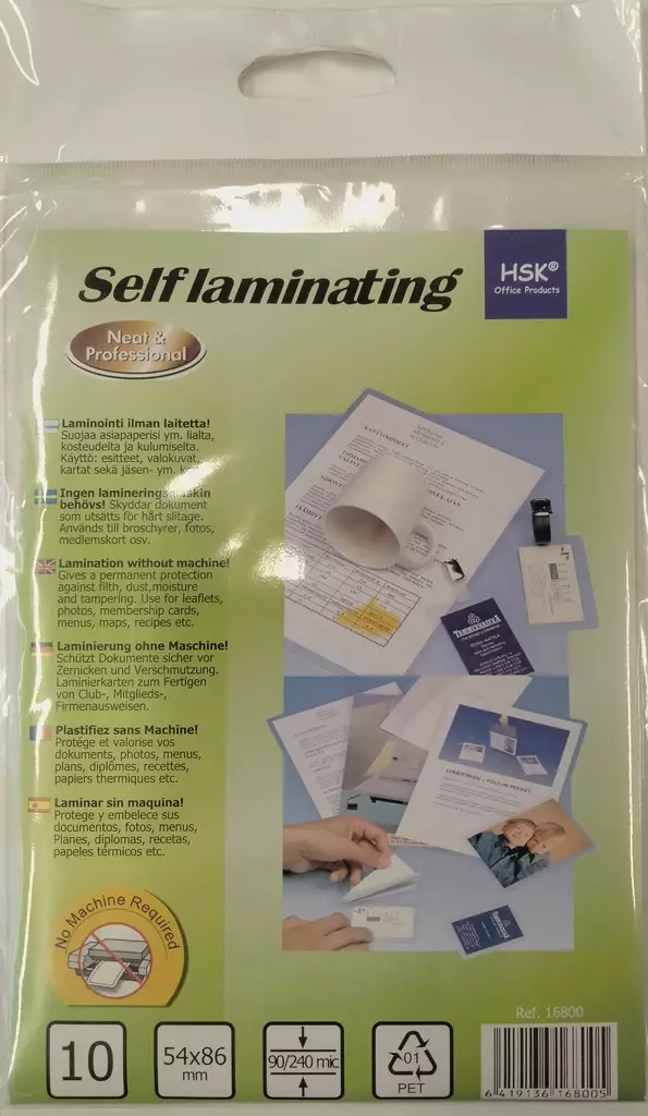 HSK Itselaminoiva tasku 54x86mm 90/240mic - Laminointitaskut - 16800 - 1