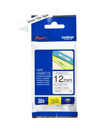 Brother tarranauhakasetti 12mm musta/valkoinen - Brother teippitarrat - TZe231 - 1