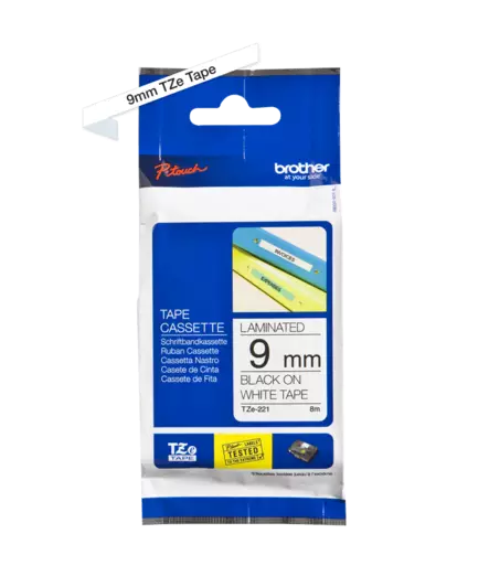 Brother tarranauhakasetti 9mm musta/valkoinen - Brother teippitarrat - TZe221 - 1
