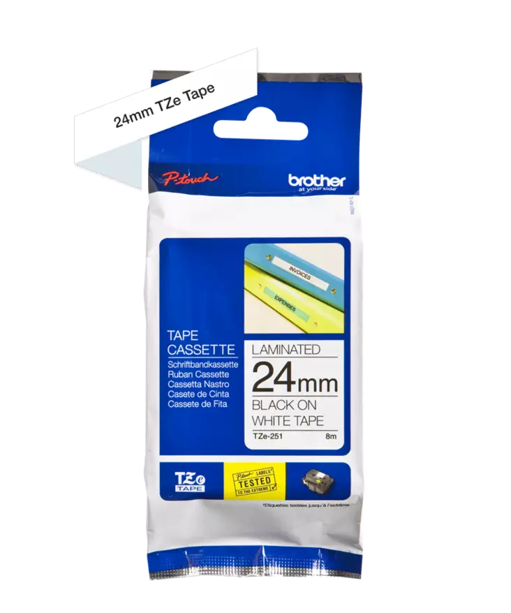 Brother tarranauhakasetti 24mm musta/valkoinen - Brother teippitarrat - TZe251 - 1