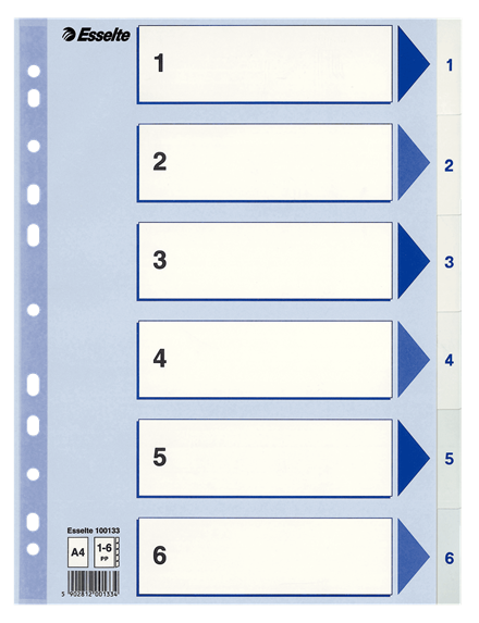 Esselte rekisteri 1-6 A4 muovi valkoinen - Välilehdet, muovi - 100133 - 1