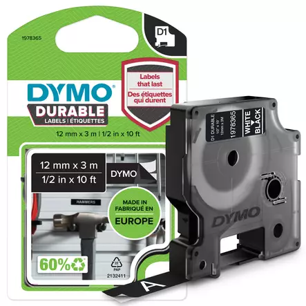 DYMO D1 Durable 12 mm x 3 M, valkoinen / musta - Dymo teippitarrat - 1978365 - 1