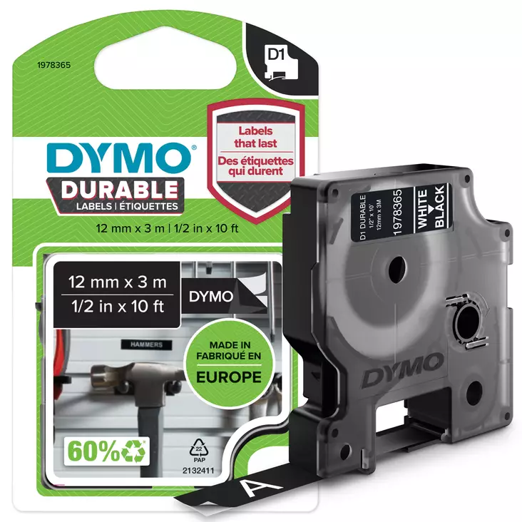 DYMO D1 Durable 12 mm x 3 M, valkoinen / musta - Dymo teippitarrat - 1978365 - 1