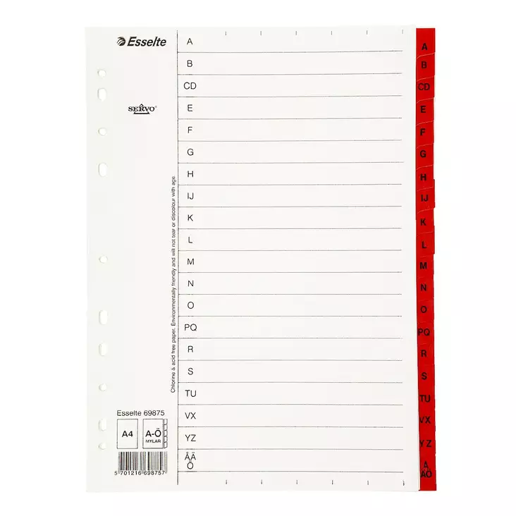 Esselte Muovikielirekisteri A4 A-Ö - Välilehdet, muovi - 69875 - 1