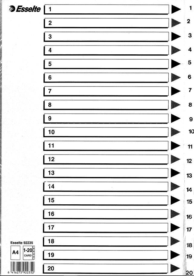 Esselte Rekisteri 1-20 A4 Kartonki - Välilehdet, kartonki - 92235 - 1