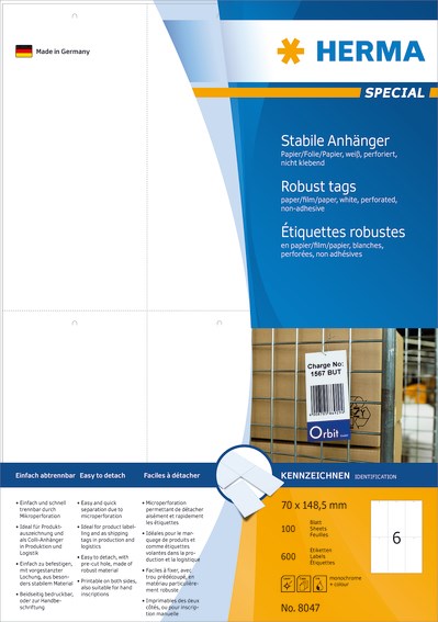 Herma etiketti 70 x 148,5 mm, 6-os, valkoinen, rei'itetty, ei-tarttuva, tulostettava - Kopiotarrat - HER8047 - 1