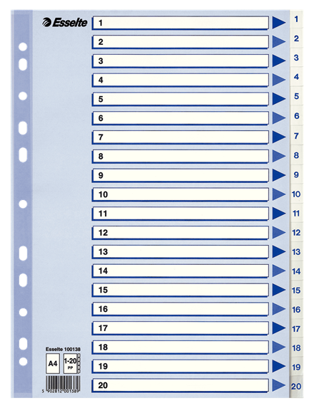 Esselte rekisteri 1-20 A4 muovi valkoinen - Välilehdet, muovi - 100138 - 1